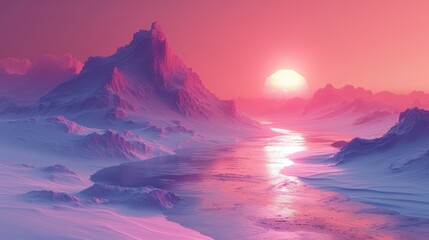 a computer generated image of a mountain range with a river in the foreground and the sun in the background. - obrazy, fototapety, plakaty