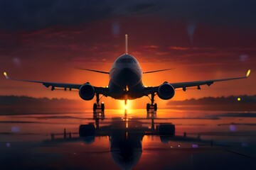 airplane landing at sunset - obrazy, fototapety, plakaty