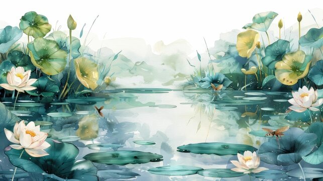 Lush Watercolor Painting of Lily Pads and Waterlilies in a Tranquil Pond Landscape with Aquatic Insects and Frogs