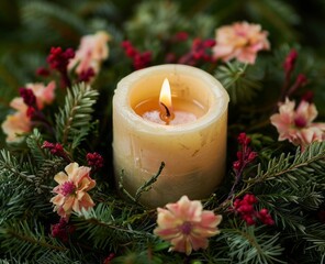 candle in a wreath of flowers.