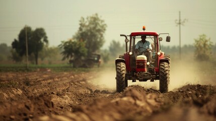 Obraz premium Man driving red tractor in dirt field with trees in background on sunny day in rural countryside landscape