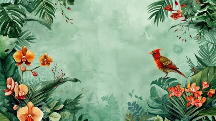 Obraz premium Vibrant Tropical Floral Frame with Exotic Birds and Lush Botanical Foliage in Watercolor Style
