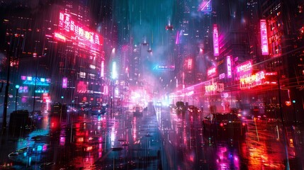 A neon cityscape with cars driving down a wet street. Scene is futuristic and vibrant