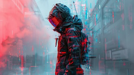 A man in a black jacket with a backpack is standing in front of a building with a red and blue background. The image has a futuristic and dystopian feel to it, with the man's outfit - Powered by Adobe