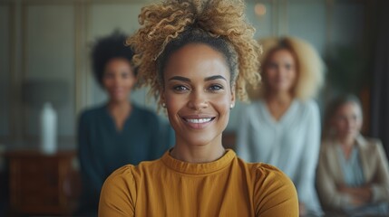 a woman with blonde hair standing in front of a group of women in a room with one woman looking at the camera with a smile on her face. - obrazy, fototapety, plakaty