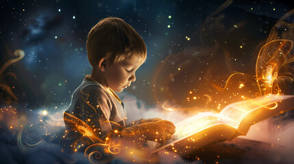 Boy sitting reading book with magic light.World book day. © Spaces