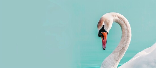 A white swan gracefully swims in water - obrazy, fototapety, plakaty