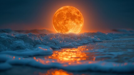 a full moon rising over a body of water with waves in the foreground and a dark sky in the background. - obrazy, fototapety, plakaty