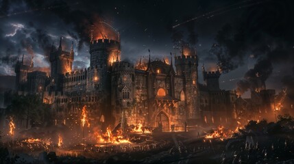 Siege of the Enchanted Castle: A Fiery Night Assault - obrazy, fototapety, plakaty