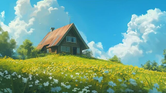Small wooden house on a hill, flowers and grass, spring, clouds in the sky