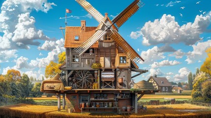 A house with a windmill on top and a lot of windows