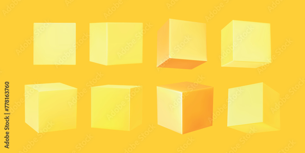 Poster yellow cube collection. set cubes of geometric 3d objects isolated. realistic elements vector illust