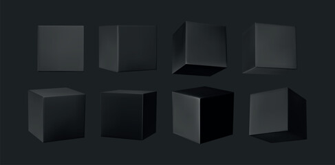 Obraz premium Black Cube collection. set dark cubes of geometric 3d objects isolated. Realistic elements vector illustration