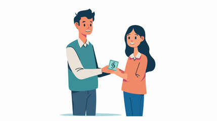 Banner of man giving money to a girl flat vector isolated