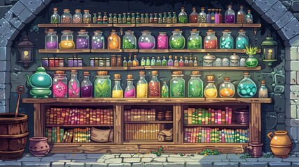 Fototapeta na wymiar A colorful shelf filled with many bottles and jars, including some that say 