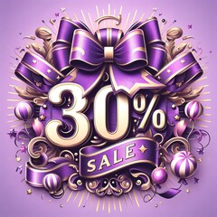 abstract illustration of 30% sale discount sign with bow and ribbons on purple background