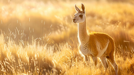 Solitary Vicuna standing tall amidst golden grasslands, as sunlight filters through, casting a warm glow