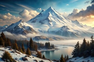 photo of majestic snowy mountain ranges with calm lake scenery surrounded by colorful trees in autumn foliage