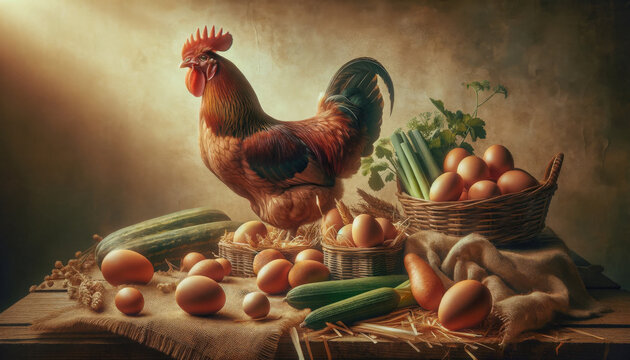 A proud rooster stands guard over a rustic still life of fresh produce, including a basket of brown eggs, green leeks, and a large zucchini, all bathed in warm, soft light.