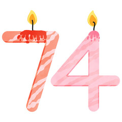 74th Birthday candle number, age, anniversary, burning candle number