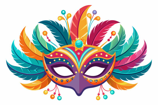 Festive carnival mask adorned with feathers and sequins, perfect for masquerade parties and themed events vector illustration