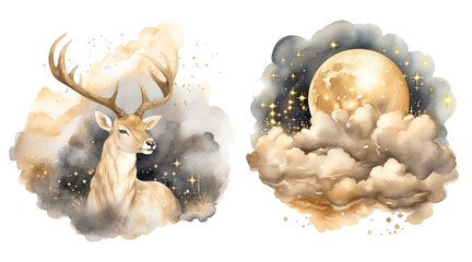 Delicate watercolor deer and moon artwork