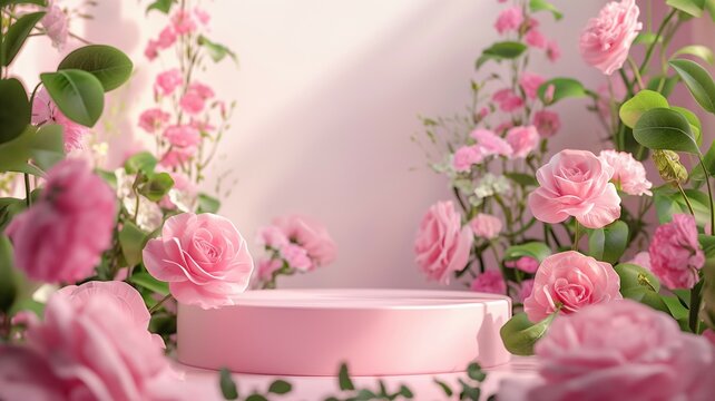 Podium mockup,pastel podium for product display,rose flower background,3d render