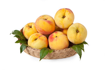 Peaches basket isolated on white background