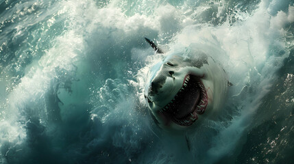The raw power of a great white shark in motion, captured in a dynamic composition, with turbulent waters and swirling currents adding an element of suspense to the scene