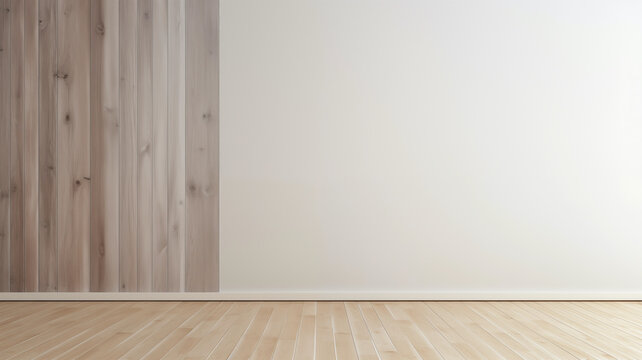 wall in a room where a smaller section is tall pale wood boards, while the larger area is white painted drywall, a contrasting pine floor; background, product, or advertising asset