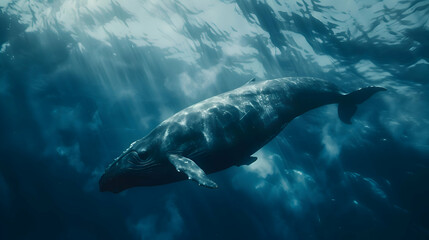 Fototapeta premium The tranquil beauty of a bowhead whale cruising through crystal-clear Arctic waters, its massive form contrasting against the blurred, dreamlike expanse of the underwater world