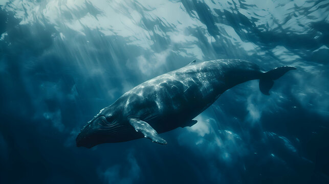 The tranquil beauty of a bowhead whale cruising through crystal-clear Arctic waters, its massive form contrasting against the blurred, dreamlike expanse of the underwater world