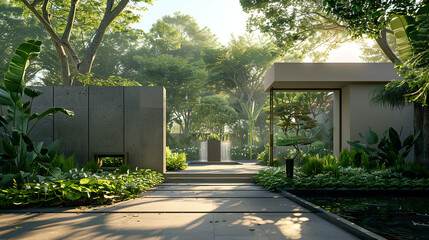 A modernist gate design featuring sleek lines and translucent panels, allowing glimpses of a serene...