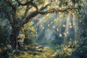 lush forest meadow which has sunlight shining through the shade of the trees In the middle was a mysterious tree. The branches are decorated with sparkling crystals.