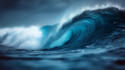 a large wave in the middle of a body of water with a dark blue sky in the background and a white foamy wave in the middle of the water.