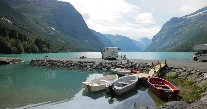 Family vacation travel RV, holiday trip in motorhome. Beautiful Nature Norway natural landscape.