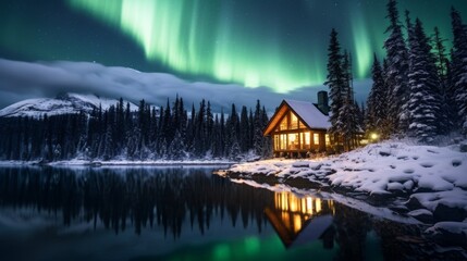 A breathtaking view of the aurora over a cabin - obrazy, fototapety, plakaty