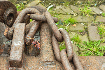close up photo of rusty steel chains and u shackles