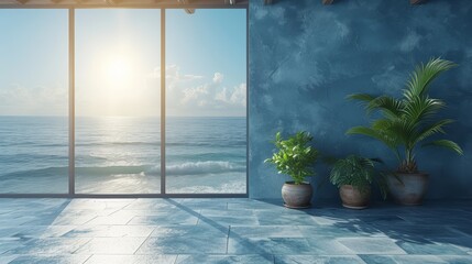 a room with a view of the ocean and a potted plant on the side of the room with the sun shining through the window.