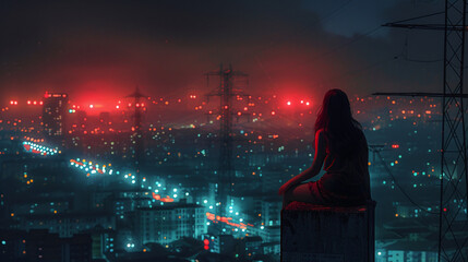a girl sitting on a utility pole in the middle of the picture, with a city night view and high-rise buildings behind her. AI generative
