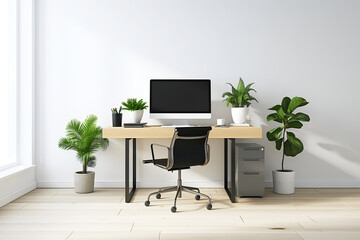 Office Space Room, Empty Wall Mockup In White Room With Wooden Office Desk And Office Chair, 3d Render Real Room Template