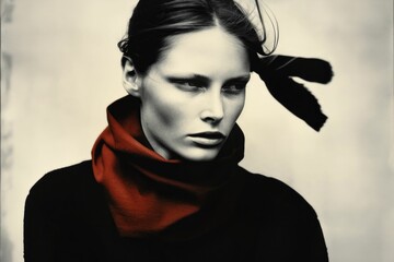 Elegant woman in black jacket and red scarf posing for a black and white portrait photo