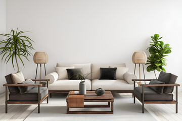 Interior Living Room, Empty Wall Mockup In White Room With Beige Sofa And Green Plants, 3d Render Real Room Template
