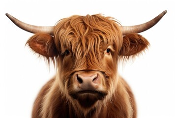 Majestic Brown Cow With Enormous Horns. White or PNG Transparent Background..