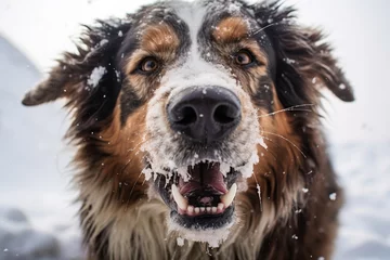Fotobehang Portrait of australian shepherd dog in the snow in winter © Obsidian