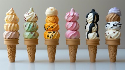 Artful Assortment of Colorful Clay Ice Cream Cones in Diverse Flavors and Styles