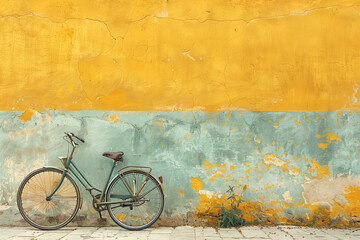 A vintage bicycle rests against a faded yellow wall, its charm accentuated by a vintage filter that adds a dreamy quality to the scene
