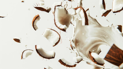 Splash of floating pieces of broken coconut. Coconut in motion. Light aesthetic background. Food concept. Generative AI