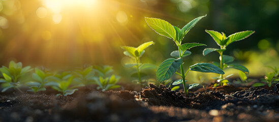 Seedlings thriving in fertile soil under morning sunlight, depicting plant growth and ecological progress. - obrazy, fototapety, plakaty