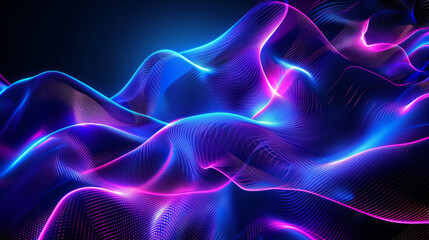 Fototapeta na wymiar Vivid neon light waves with glowing particles on a dark backdrop